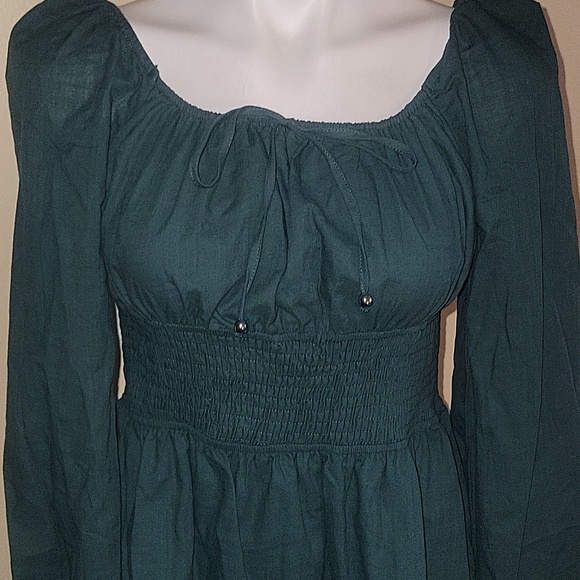 Women’s Dark Green Long Sleeve Smocked Mini Dress - Picture 2 of 6